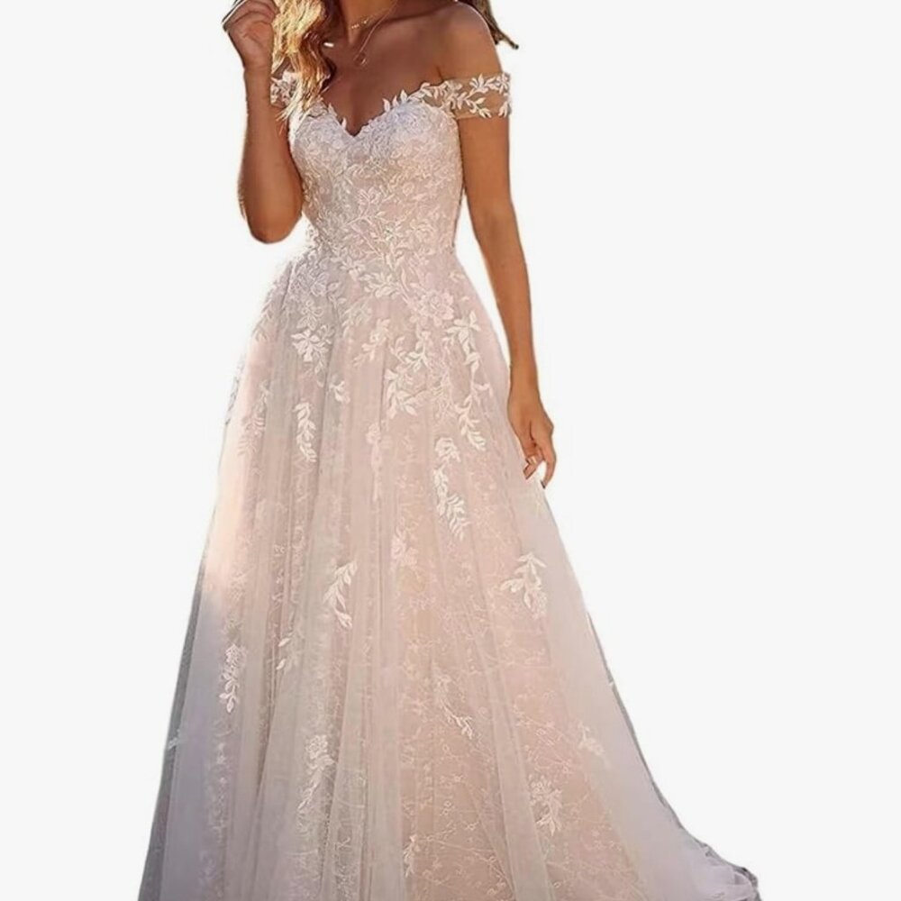 ✨ Romantic Off-Shoulder Lace A-Line Wedding Dress | Boho Bridal Gown | Size 8